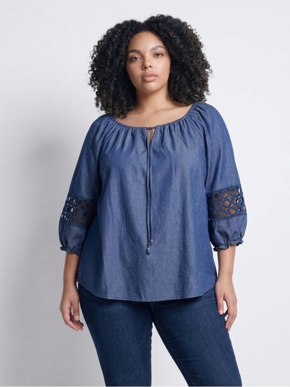 Unique Spectrum Denim-Blue Peasant Blouse with Eyelet Sleeves
